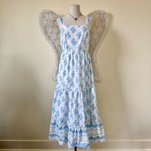 Haute Hippie Blue White Floral Block Print Cotton Tiered Maxi Dress Cottagecore